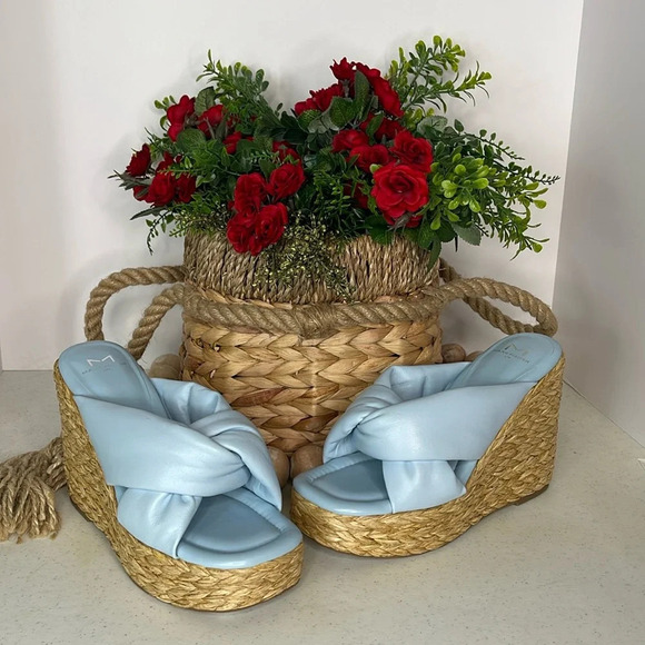 Marc Fisher Navina Espadrille Wedge Sandal Light Blue Leather Sz 8/Light Blue - Picture 2 of 9